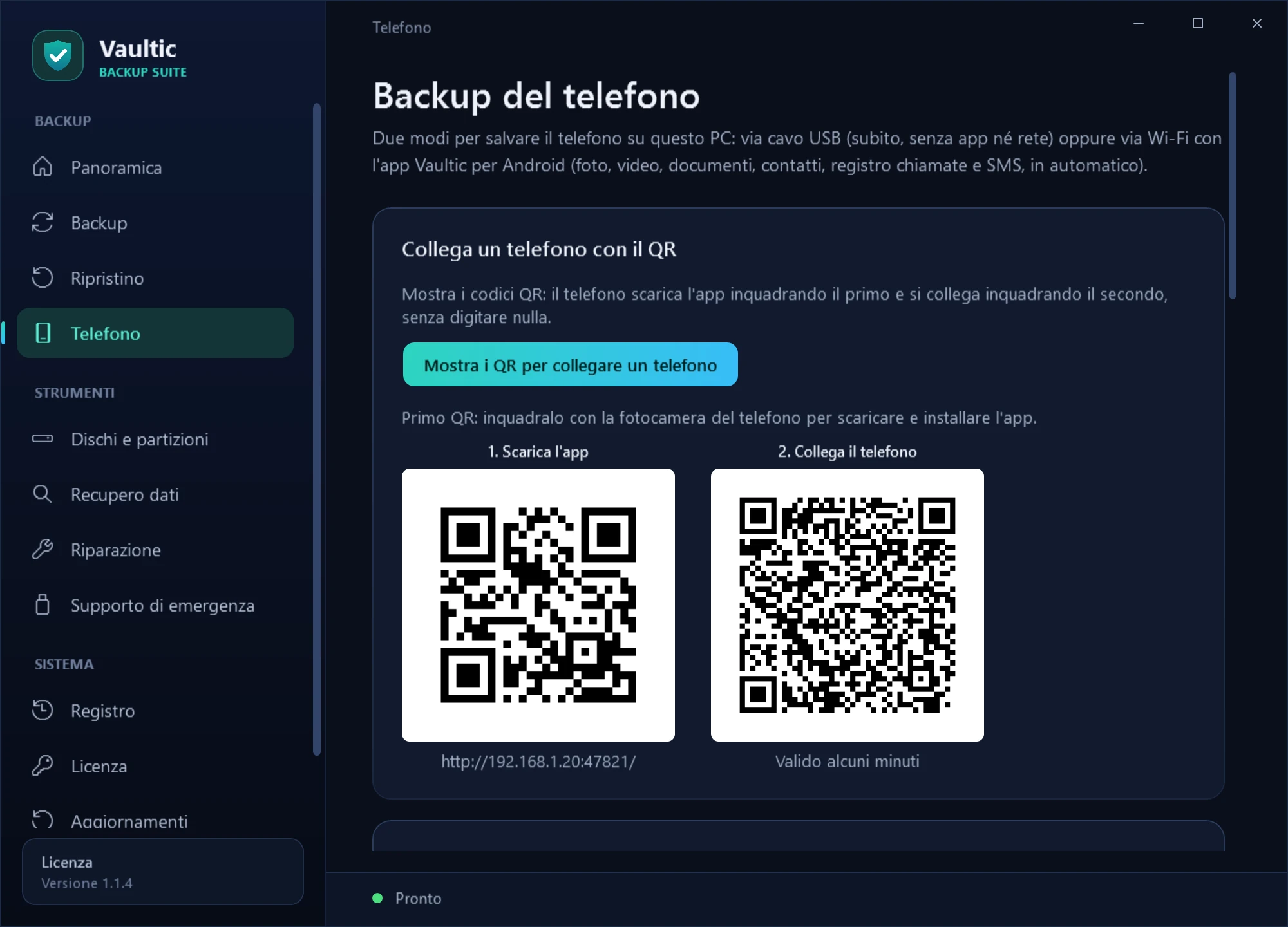 Collegamento del telefono con codice QR